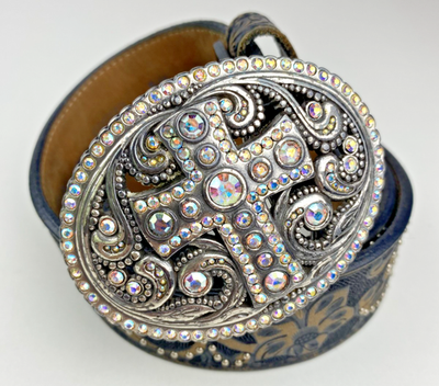 Justin Boots Western Leather Belt Cross Rhinestone Buckle Tooled Brown Size 34 Justin Boots for Women Rhinestone Belts for sale | eBay main image 2