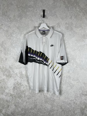 Vintage 90s Nike Challenge Court Polo Shirt Agassi White Black Purple Gold XL