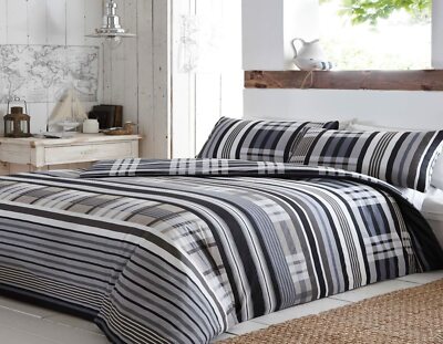 Super King Size Rhode Island Schwarz Grau Leinen Wende Bettwäsche Set 