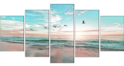 EPHANY Abstract Ocean Beach Blue Sea Landscape Wall Art Canvas 40 x 20 