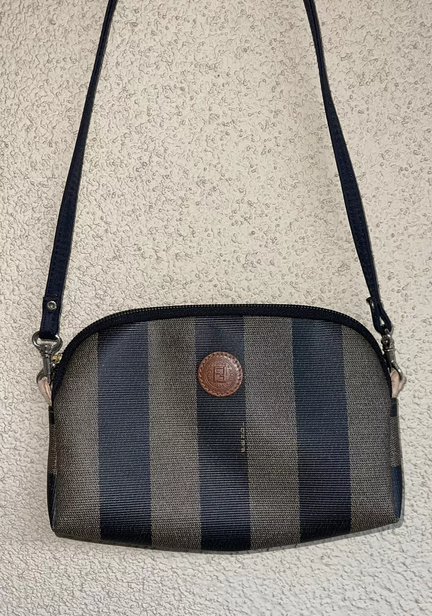 Authentic Fendi Vintage Black Canvas Striped Messenger Crossbody