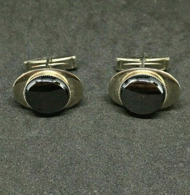 Black Mirror Stone SILVER Chrome Cufflinks VTG MEN Jewelry Retro Unique Unsigned