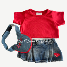 Build-A-Bear RED TEE SHIRT, 'LOVE' VISOR, HEART JEAN SKIRT Teddy Clothes Outfit