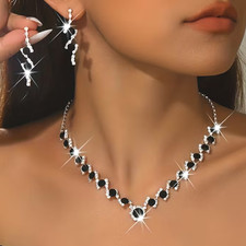 Damen Schmuckset mit schwarzen Zirkonia  Steinen Collier + Ohrringe versilbert