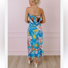 Fab’rik WHIMSY WISHES FLORAL MIDI blue strapless dress open back resort wear S