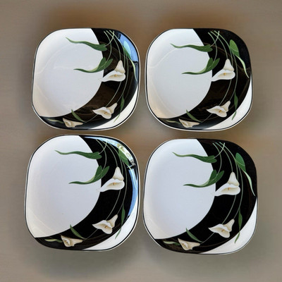 Sango Quadrille 5101 Black Lilies Set of 4 8'' Square Salad Plates Porcelain