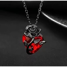 Crystal Red Heart Necklace Wrapped with Metal Rose Romantic Pendant Jewelry