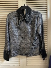 Western Show Shirt Womens M Black/ Silver with Rhinestone Accents