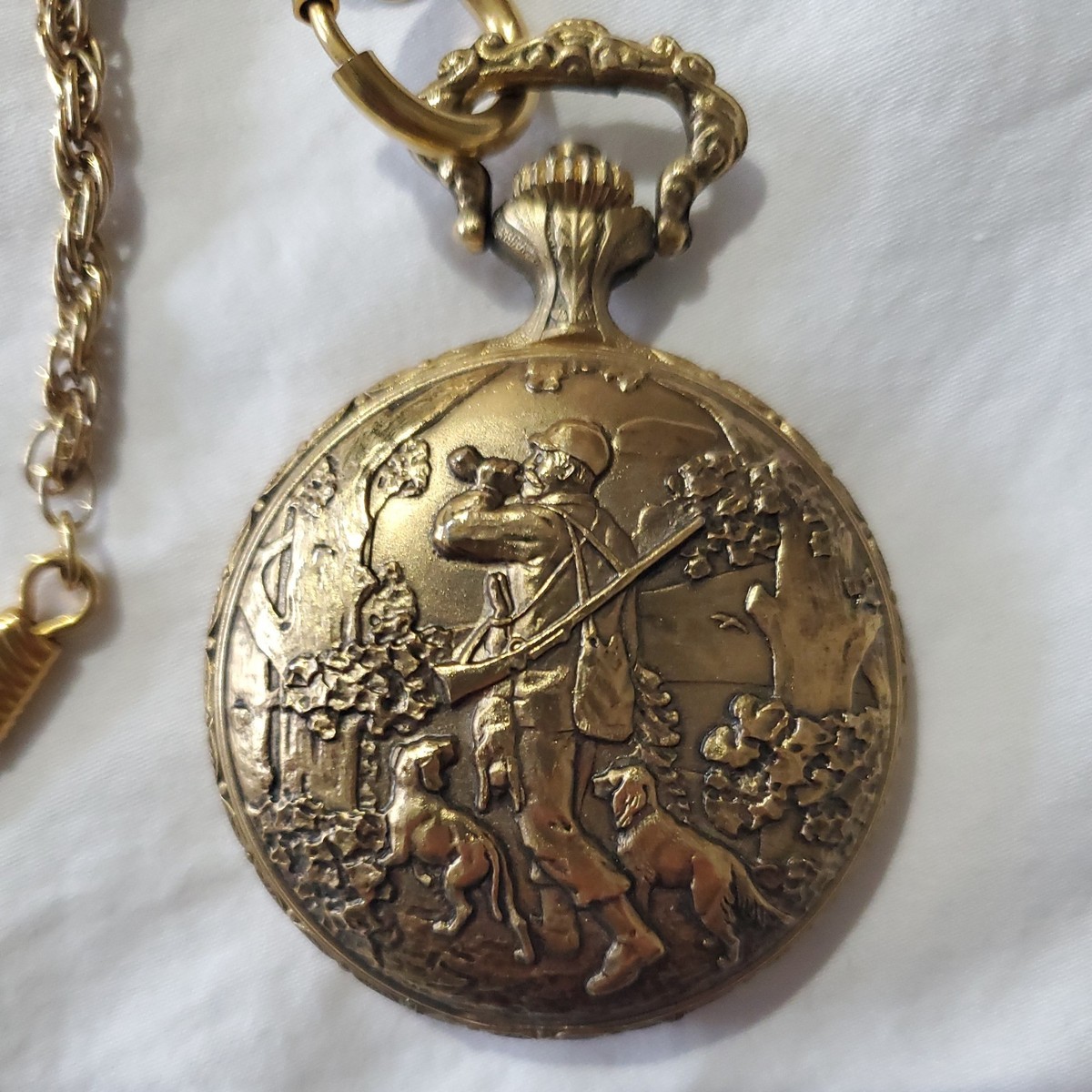 Vintage Ever-Swiss Pocket Watch Hunter with Dogs Scene Embossed