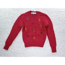 Jade Crewneck Sweater Kids Small Red 100% Shetland Wool Horn Embroidery