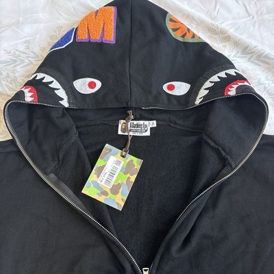 A Bathing Ape Shark Tiger Full Zip Fleece Hoodie Black 3XL Men's Streetwear