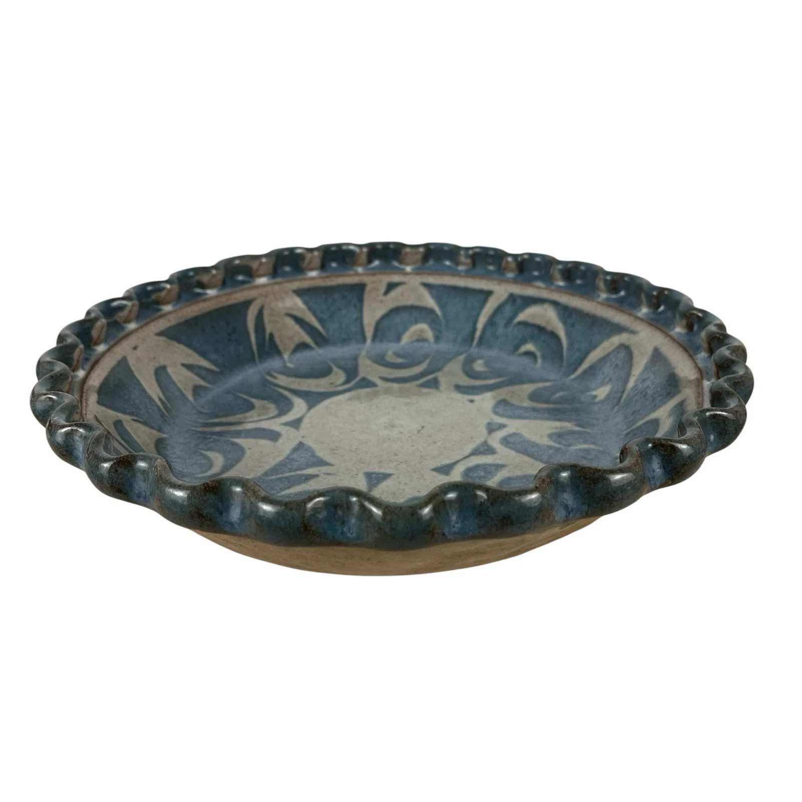 Studio Pottery Blue & Beig Quiche Tart Pie Plate 10.2 Glazed Ruffled Edge Signed