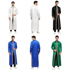 Men Costume Minister Gown Gold Trim Thobe Baptismal Muslim Robe Slit Hem Satiny