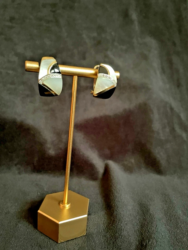 ASCH GROSSBARDT FINE INLAID EARRINGS ONYX MOP DIAMOND 14 YG 11.6 GM OMEGA BACK - Image 2 of 4