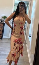 ASOS DESIGN Women's Size 2 Iris Print V-Neck Asymmetric Ruffle Hem Midi Dress
