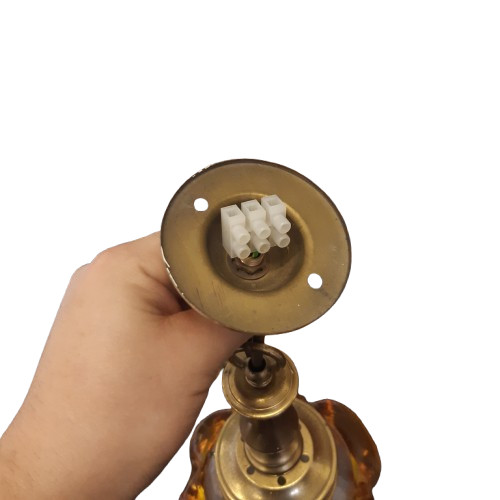 Vintage Mid Century Amber Hand Blown Glass Pendant Light Brass Hanging Ceiling image 2