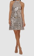 Adrianna by Adrianna Papell Women's Silver Beaded Halter Swing Dress Size 8