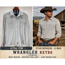 Wrangler Retro Premium Men's Western Snap Shirt Gray Long Sleeve. Size M