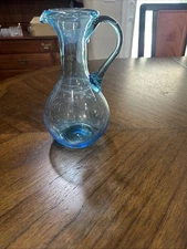 Hand Blown Art Glass Pitcher Vase With Handle Light Blue 9”