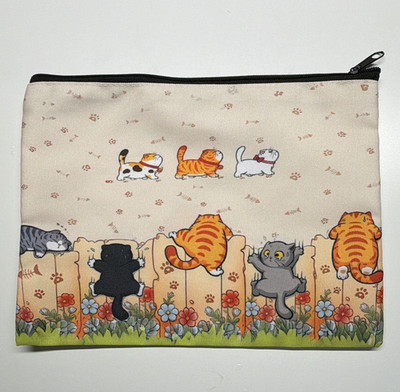 Cat Print Zipper Makeup Bag Pouch, Beige Multicolor Fabric 10x8 Style-01 WD0124