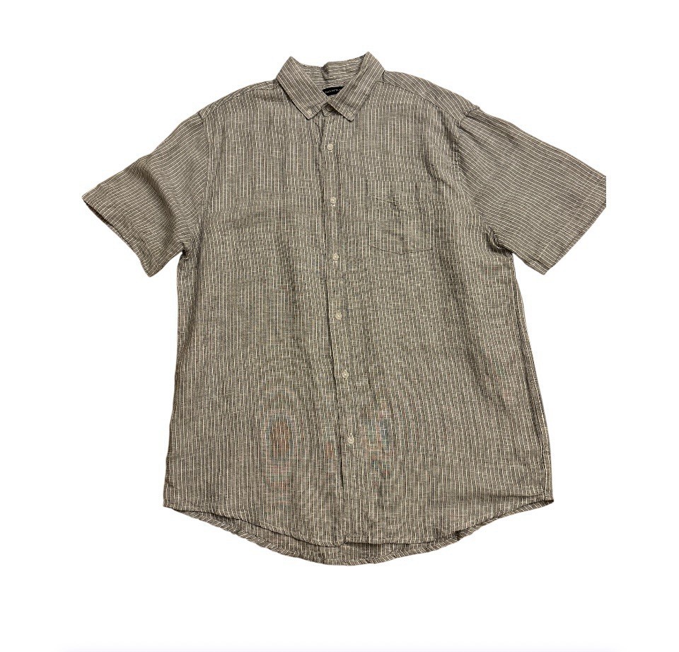 Vintage Saks Fifth Avenue Men Button Down Gray Stripe Linen Short Sleeve Shirt