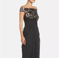 Adrianna Papell Off The Shoulder Embroidered Sequin Tulle Evening Gown Womens 4