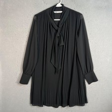Zara Womens Small Black Pleated Long Sleeve Dress With Tie Neck Polyester