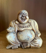 Vintage Laughing Happy Buddha Hand Carved Wood Figurine Statue 4.5" Unique
