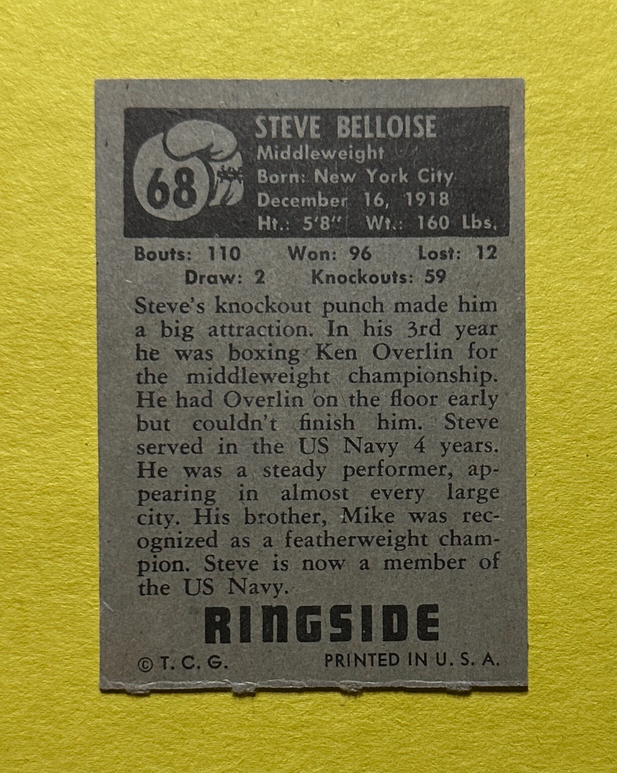 1951 TOPPS RINGSIDE STEVE BELLOISE 68 BOXING eBay