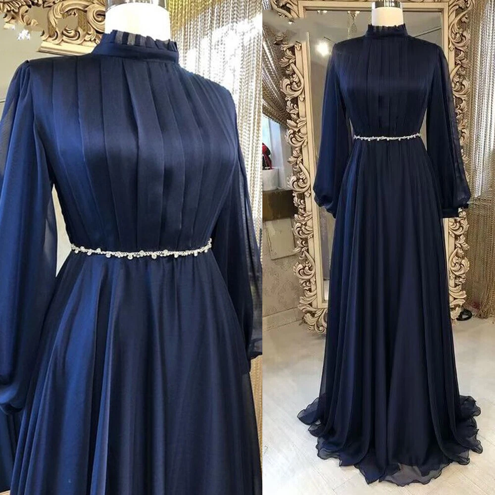 Navy Blue Muslim Chiffon Formal Prom Evening Dress Long Sleeve Women Party  Gowns | eBay