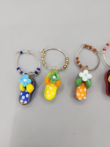 Glass Sandal Wine Glass Charms Lot of 6 Beaded Ring
