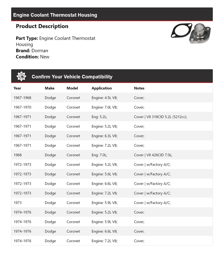 Carcasa termostato refrigerante motor Dodge Coronet Dorman 1967-1976 1968 1969 Foto 2 de 4