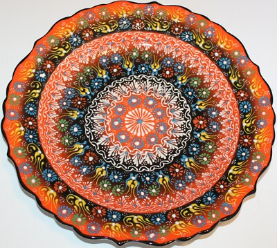Orange & Black 12'' Turkish Iznik Raised Floral Pattern Hand-made Ceramic Plate