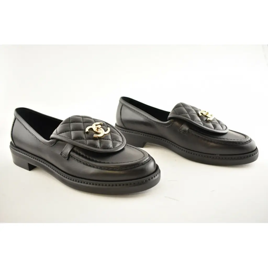 Chanel REV Black Quilted Flap Turnlock Gold CC Logo Mule Slip On