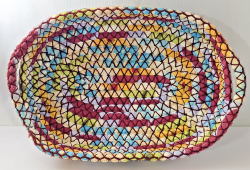 Vintage 16 " Colorful Hand-Made Artisan Cloth Wrapped Oblong Open Weave Basket - Picture 5 of 12
