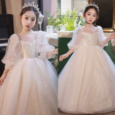 Illusion Neck Glitter Tulle Tutu Maxi Long Ball Gown Dress Princess Flower Girl