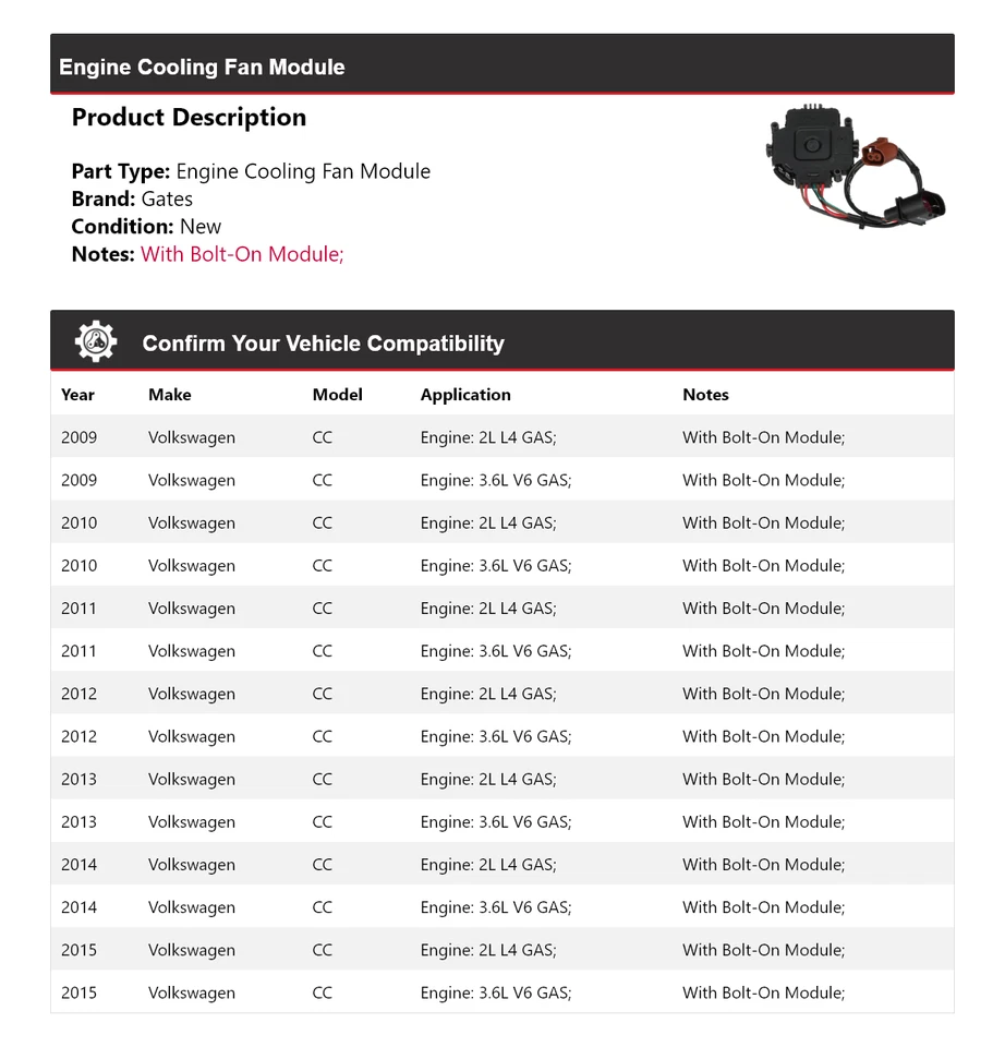 Ворота модуля вентилятора охлаждения двигателя для Volkswagen CC 2009-2015 годов выпуска 2010 2011 2012 2013 годов выпуска - Изображение 2 из 4