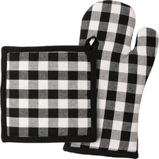 Black Buff Check Oven Mitt & Potholder Kitchen Set - NWT