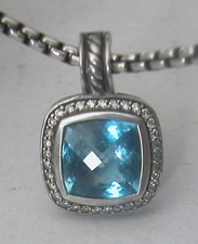 Authentic David Yurman Sterling Silver Pendant Necklace Set Blue Topaz diamonds