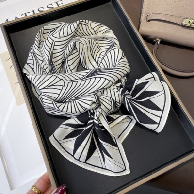 Double Side 100% Silk Long Scarf Women Neckerchief White Black Leaves ...