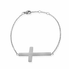 Stainless Steel Silver-Tone Religious Cross Link Chain Bracelet