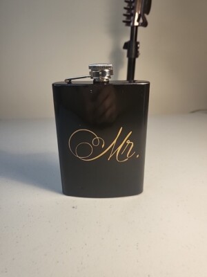8oz Flask, Black With Gold Letters.  MR.  USED