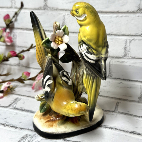 Vintage Ucagco Porcelain Pair Yellow Budgie Parakeet Figurine Made In Japan
