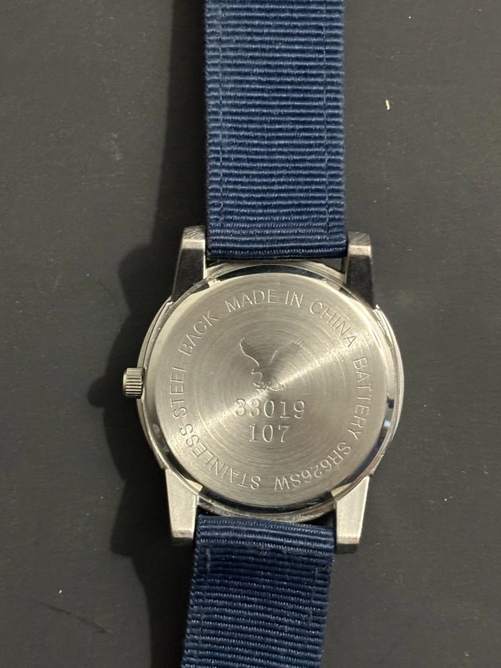 American Eagle Watch Men Silver Tone Blue Slip Thru Nylon Band New Battery 10" - Image 4 of 4