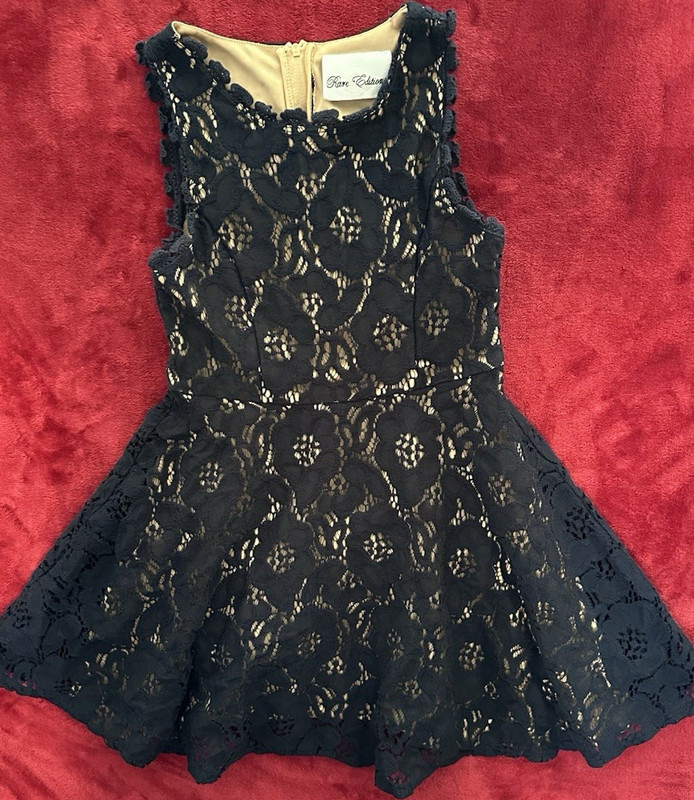 Rare Editions Girls Fit & Flare Dress Black Beige Lace Floral Knee Length Size 8