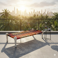 Colorido Tejido Charpai Exterior Sofá Cama Patas Madera Blanca Boho Patio Banco Muebles