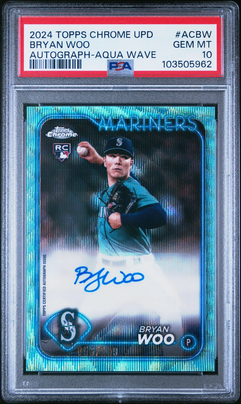 Bryan Woo 2024 Topps Chrome Update Aqua Wave Auto /199 RC PSA 10 Gem Mint #ACBW