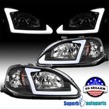 For 1999-2000 Honda Civic Ekejem Black Headlights Replacement W Led Strip