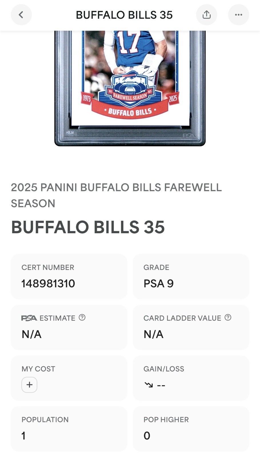 2025 Panini #35 JOSH ALLEN Buffalo Bills Farewell Season * 1/1 * Pop 1 * PSA 9