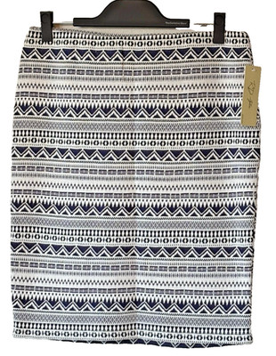 RD Style Pencil Skirt Womens L Navy White Geometric Stretch Pull On NWT